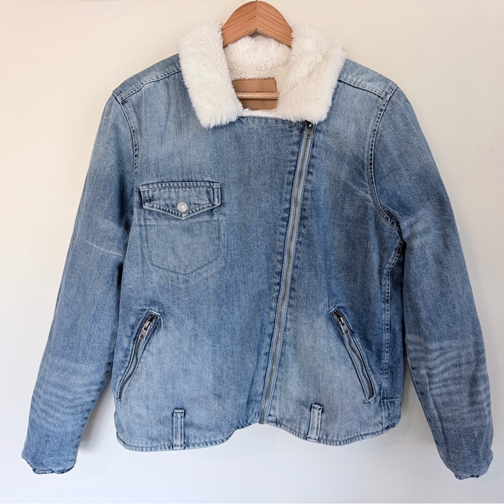 Lucky Brand Blue Denim Jacket with White Faux Fur Interior